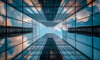 steel light blue background of glass high rise building skyscraper commercial modern city of future. Looking Up Blue Modern Office Building .Looking Up Blue Modern Office Building.