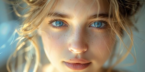 A close-up portrait of a woman with piercing blue eyes, showcasing her unique freckled skin and delicate features illuminated by natural sunlight