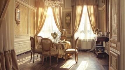 Cozy and warm atmosphere in the dining room with natural light coming through the curtains generative ai
