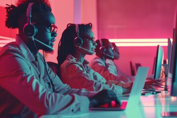 In a modern office, call center operators provide topnotch customer service using advanced technology. The team is professional, efficient, and collaborative, working in a hightech environment
