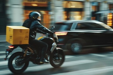 A motorcycle courier swiftly navigates busy city streets, reflecting fastpaced urban lifestyle. Efficient service uses modern technology and fast transportation in metropolitan setting