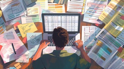 Man working on a laptop with a messy desk