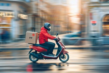 A fast courier on a motor scooter is maneuvering through busy city streets, delivering packages with speed and efficiency. The driver provides professional delivery service in urban areas