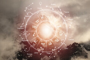 Concept of astrology with horoscope zodiac sign wheel