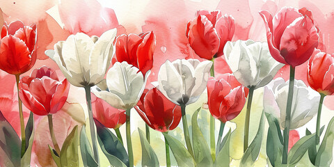 Watercolor depiction of red and white tulip flowers, symbolizing awareness for Parkinson's and Alzheimer's diseases, capturing the delicate beauty and strength in the face of adversity