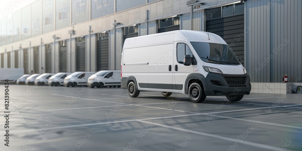 Poster delivery van fleet at distribution warehouse. the modern white vans in the parking lot are part of t