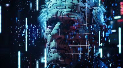 Elderly man with pixelated digital face in a futuristic cybernetic environment