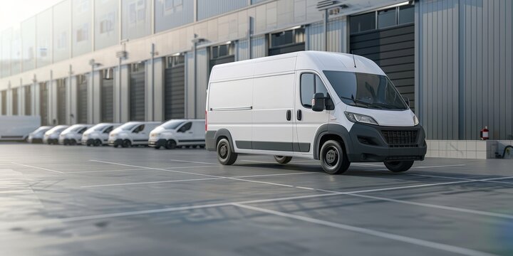 Delivery Van Fleet at Distribution Warehouse. The modern white vans in the parking lot are part of the logistics operations of the distribution center, ensuring efficient shipping and transportation