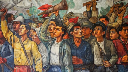 Mexican mural art painting with people in colorful clothes
