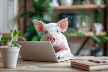 A cute and adorable little white pig sits in front of a computer, blurred background, copy space,...