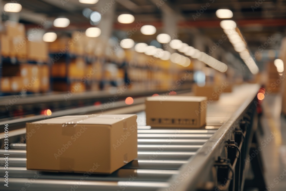 Aufkleber In a warehouse, automated operations showcase the efficient movement of cardboard boxes on a conveyor belt, demonstrating advanced supply chain logistics and efficient warehouse management