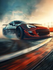 Obraz premium Sport Car Racing on race track, Car wheel drifting