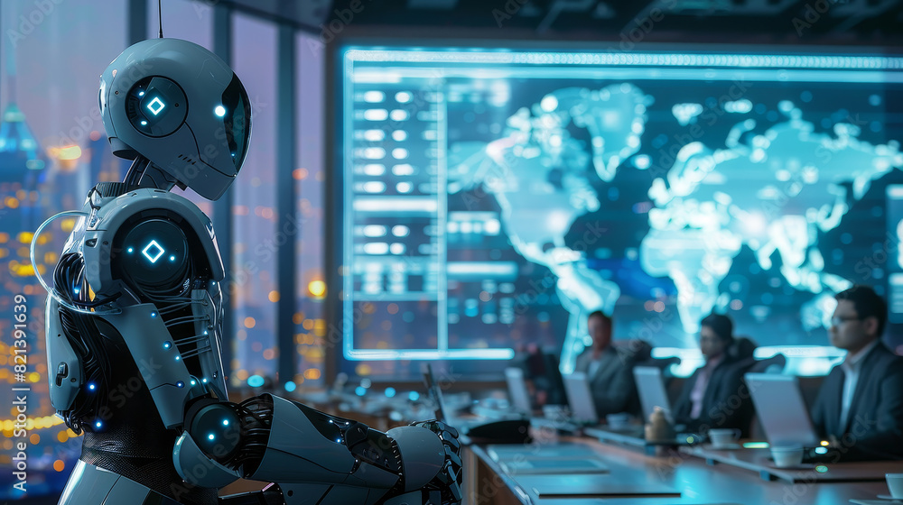 Poster the robot is looking at the monitor and he is focused on the screen