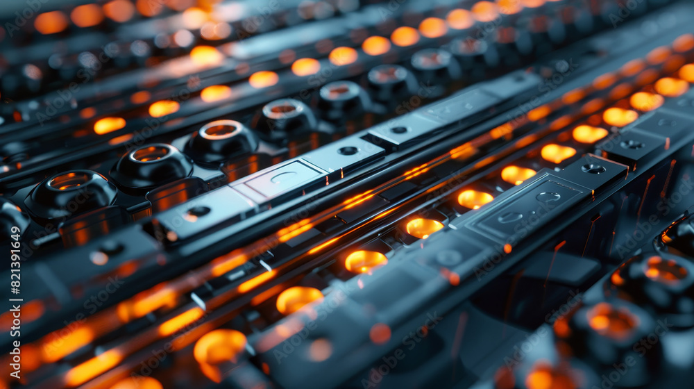 Poster a close up of a computer chip with many small orange lights