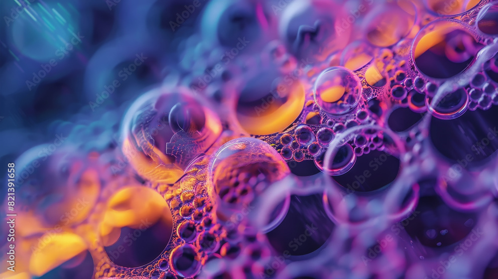 Poster the image is a close up of a colorful, bubbly surface with many small bubbles