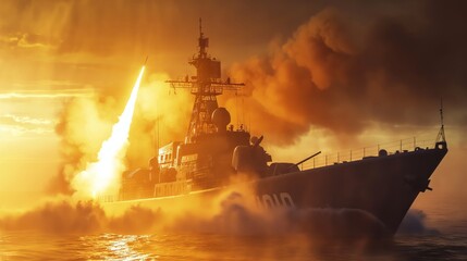 Fototapeta premium Naval Destroyer Launches Missile Over Ocean at Sunset