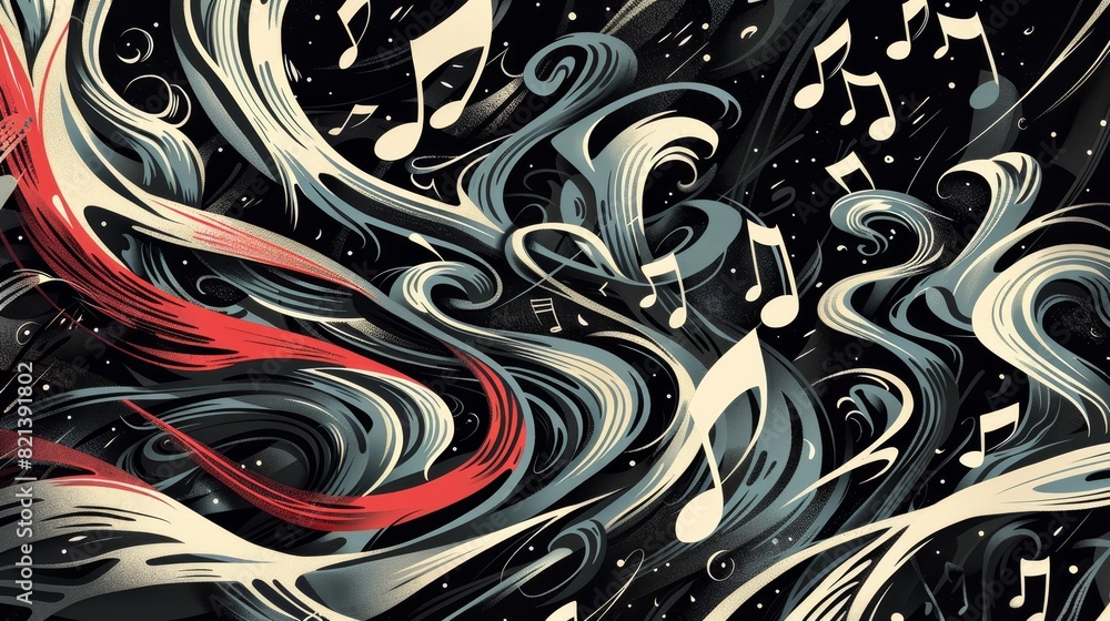 Poster artistic representation of music and waves - dynamic waves of red and blue intertwine with musical n