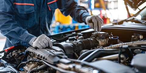 Routine annual inspection of car engine by mechanic at auto repair shop