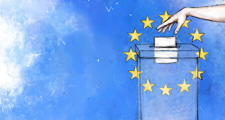 Wybory do europarlamentu. Wrzucanie głosu do urny. W tle flaga unii europejskiej. 