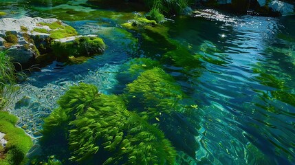   A river adjoins a dense forest brimming with abundant green flora