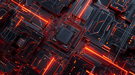 Futuristic processor circuit board. Modern orange and red neon light connecting line background.