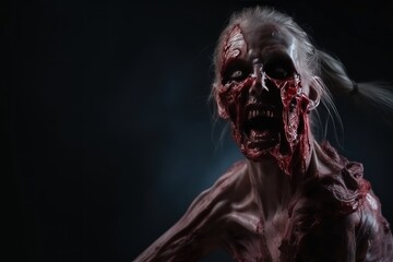 Female Bloody Zombie on a background with copy space. Bloody Evil Zombie. Horror Movie Concept. Zombie Halloween concept with copy space. 3d illustration. Horror. Scary Zombie. monster.