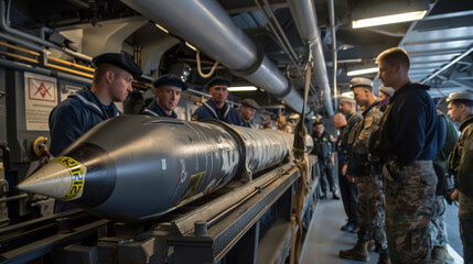 Military Personnel Examine Missile Inside Naval Ship During Daytime Training Exercise