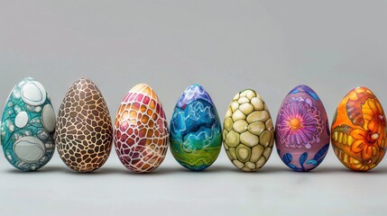   Row of colorful eggs on white table, black & white cat on gray backdrop