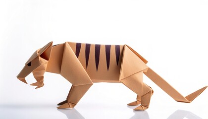 Animal extinct mammal concept origami isolated on white background of a saber toothed tiger, with copy space, simple starter craft for kids