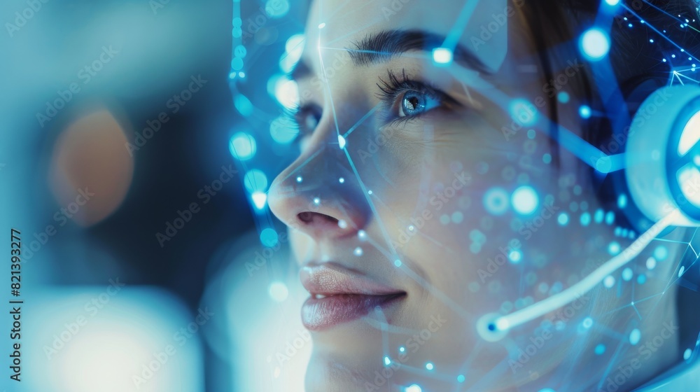 Poster a cuttingedge moment captured as a woman wears an advanced augmented reality headset, showcasing the