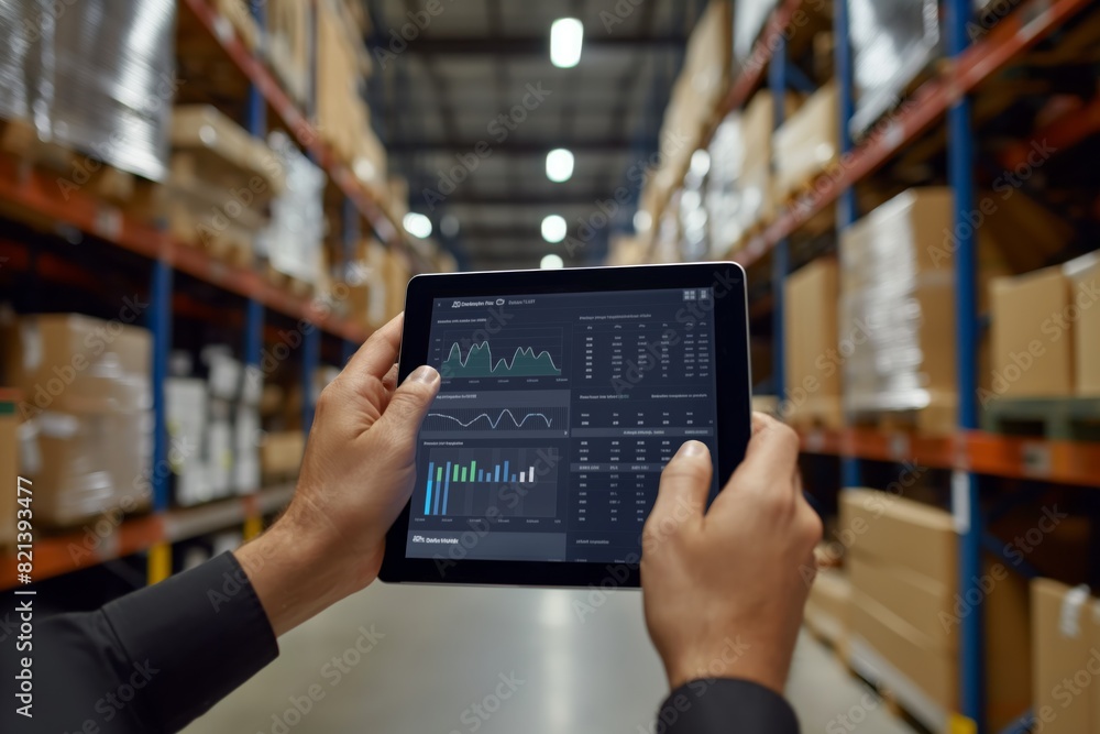 Aufkleber Improving warehouse inventory management with digital technology using tablets for data logging, stock analysis, and modern storage enhances efficiency, automation, and operation control in logistics
