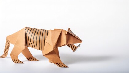 Animal extinct mammal concept origami isolated on white background of a saber toothed tiger, with copy space, simple starter craft for kids