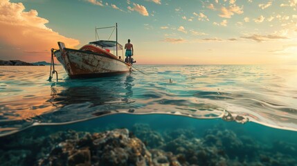 Red fishing boat on a calm sea with clear sky and visible underwater rocks. A man on a fishing boat.