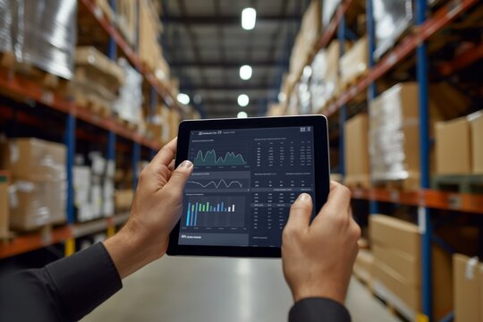 Improving warehouse inventory management with digital technology using tablets for data logging, stock analysis, and modern storage enhances efficiency, automation, and operation control in logistics