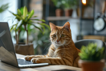 An orange tabby cat sits at a laptop on a wooden table in a cozy, plant filled room. ideal for memes or humorous content related to remote work, technology, or cats.