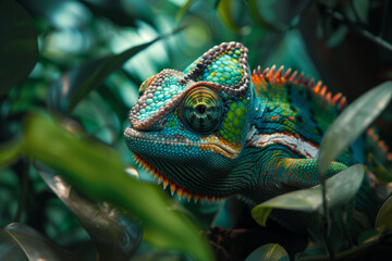 A close-up of a chameleon blending into its surroundings in the jungle