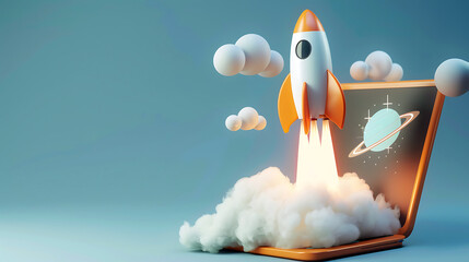 3D rocket launching from laptop pc screen icon, isolated on pastel color tone background. For business start up concept.