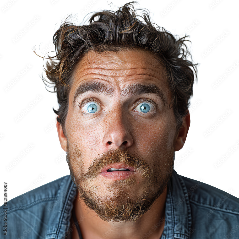 Poster a man's look of confusion, extracted from the backdrop, isolated with no background. concept of perp