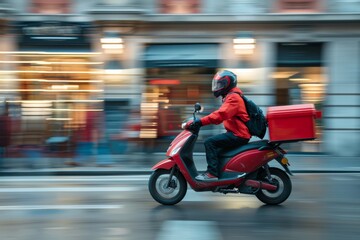 A fastpaced delivery rider on a red scooter in motion embodies the dynamic urban life and transportation services industry, swiftly navigating city streets to provide quick delivery services