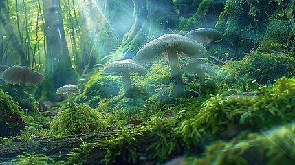   A cluster of mushrooms resting atop a verdant, moss-covered forest floor adorned with lichen