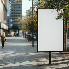 A blank empty canvas poster screen board hanging on a pavement at the city center. 