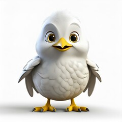 Obraz premium Adorable white baby chick. Cute baby chicken 3d cartoon character with full body, big eyes and white feathers. Isolated on a white background.