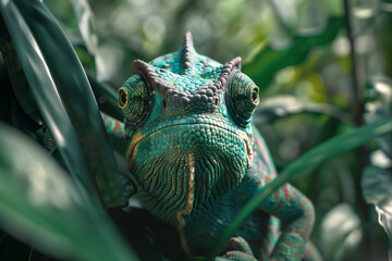 A close-up of a chameleon blending into its surroundings in the forest