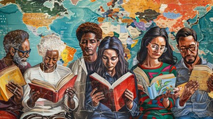 People reading books on a world map background for education or diversity themed designs