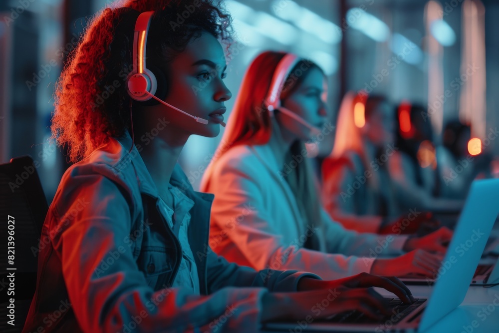 Poster A team of customer service representatives working together in a call center using headsets during the night shift, demonstrating dedication and teamwork in their workplace environment