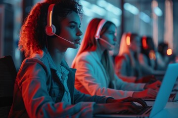 A team of customer service representatives working together in a call center using headsets during the night shift, demonstrating dedication and teamwork in their workplace environment