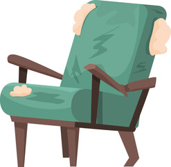 Illustration of an old green armchair with wear and tear, signifying age and use