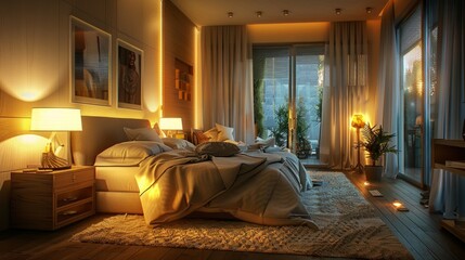 Warm light lamps or natural light filtered through sheer curtains to soften and highlight the details of the room's decor. generative ai