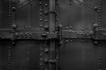 The image is of a black metal door with many bolts and screws