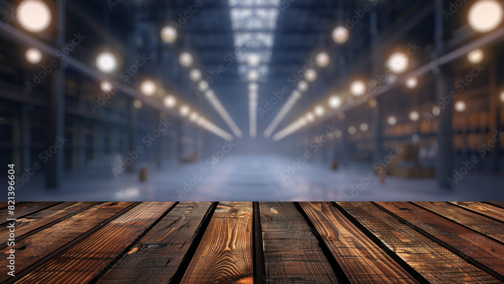 Aufkleber empty wood table top with blur background of warehouse of factory. the table giving copy space for p